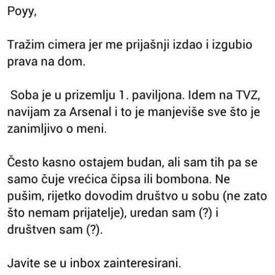 Najsmješnije objave "tražim cimera" sa domskih grupa
