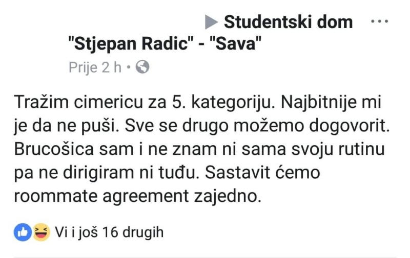 Najsmješnije objave "tražim cimera" sa domskih grupa
