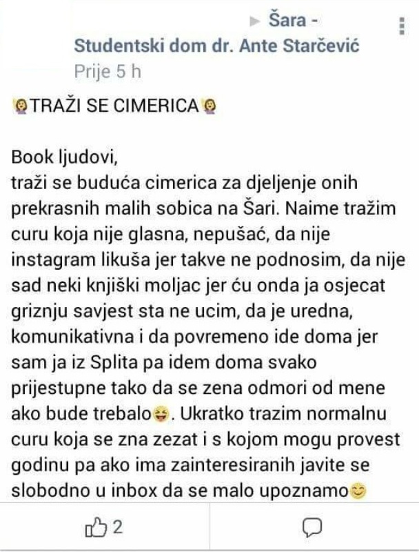 Najsmješnije objave "tražim cimera" sa domskih grupa
