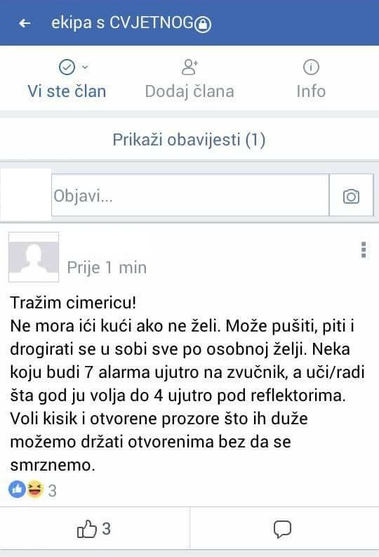 Najsmješnije objave "tražim cimera" sa domskih grupa
