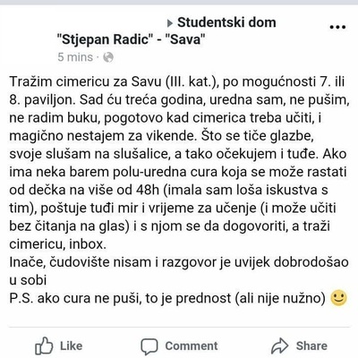 Najsmješnije objave "tražim cimera" sa domskih grupa

