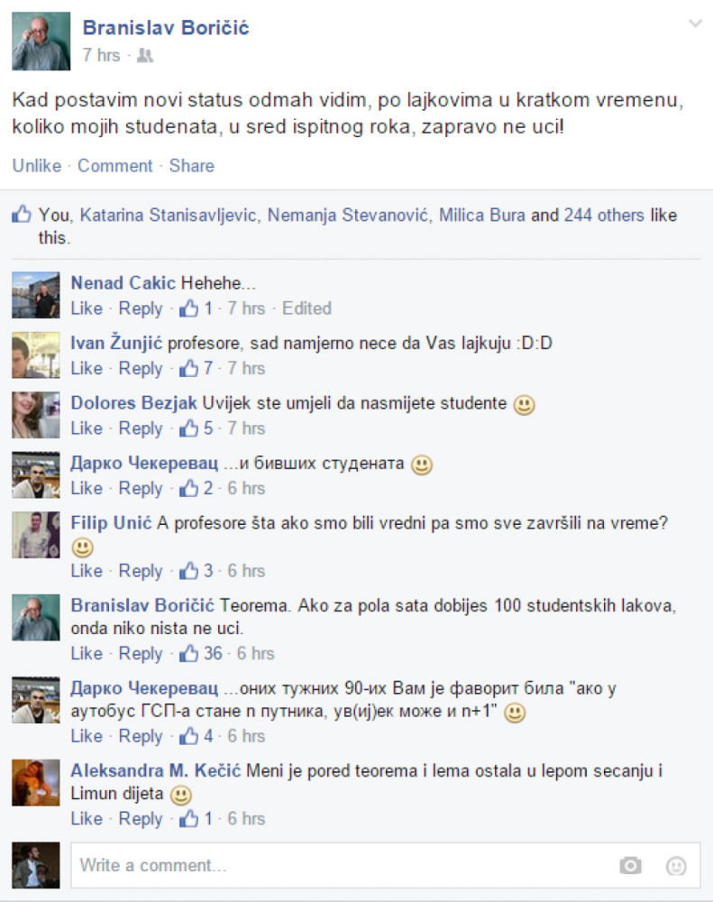 Beogradski profesor Branislav Boričić, Facebook status